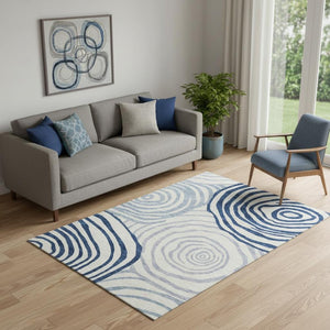 HomeRoots 5' Blue and Ivory Abstract Washable Area Rug with UV Protection - Durable, Stylish, Easy-Care Comfort 664172