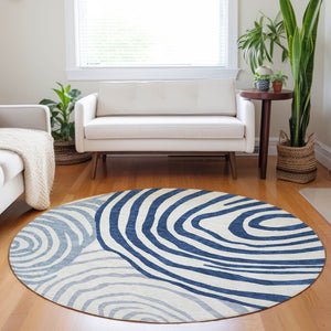 HomeRoots 8' Blue and Ivory Abstract Round Rug – Washable, UV-Protected, Durable for High-Traffic Areas! 664173