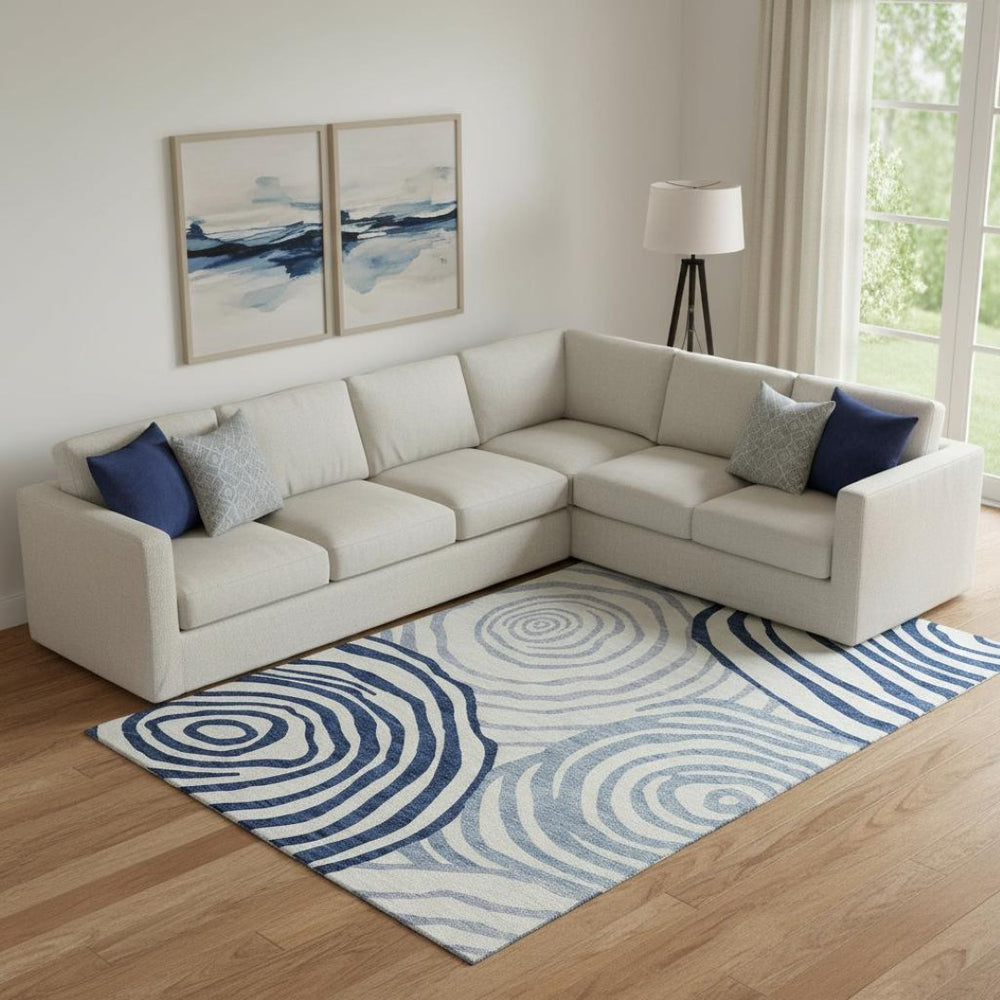 HomeRoots 8' X 10' Blue and Ivory Abstract Area Rug - Washable, UV-Protected, and Stain-Resistant for Families 664174