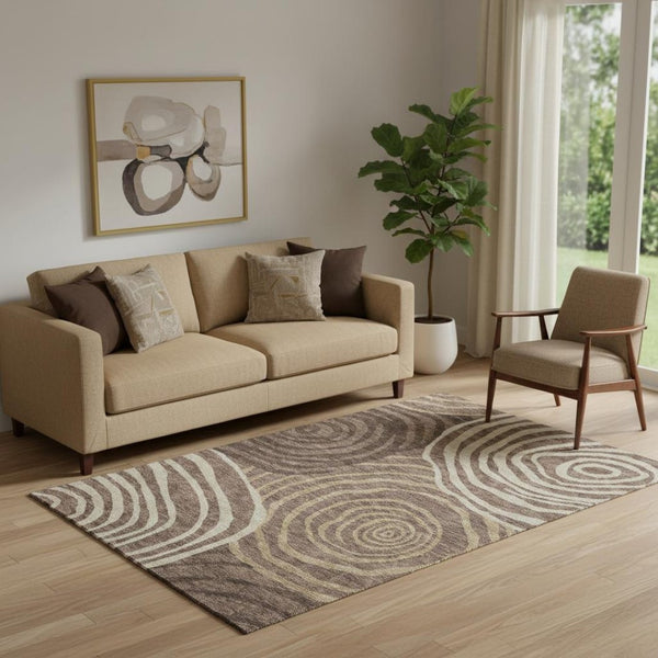 HomeRoots 5' X 8' Washable Brown Taupe Ivory Abstract Area Rug with UV Protection for Modern Homes & Families 664184