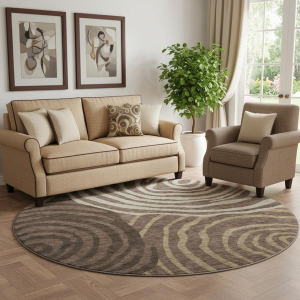 HomeRoots 8' Contemporary Brown Taupe & Ivory Abstract Washable Round Rug with UV Protection & Durability 664185