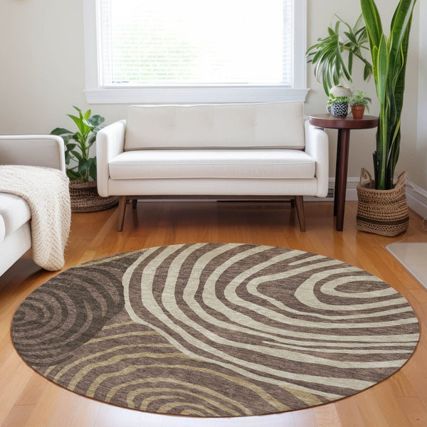 HomeRoots 8' Contemporary Brown Taupe & Ivory Abstract Washable Round Rug with UV Protection & Durability 664185
