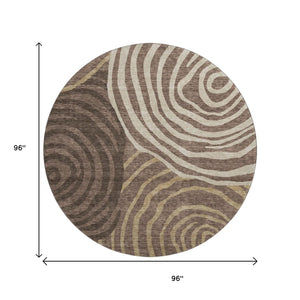 HomeRoots 8' Contemporary Brown Taupe & Ivory Abstract Washable Round Rug with UV Protection & Durability 664185