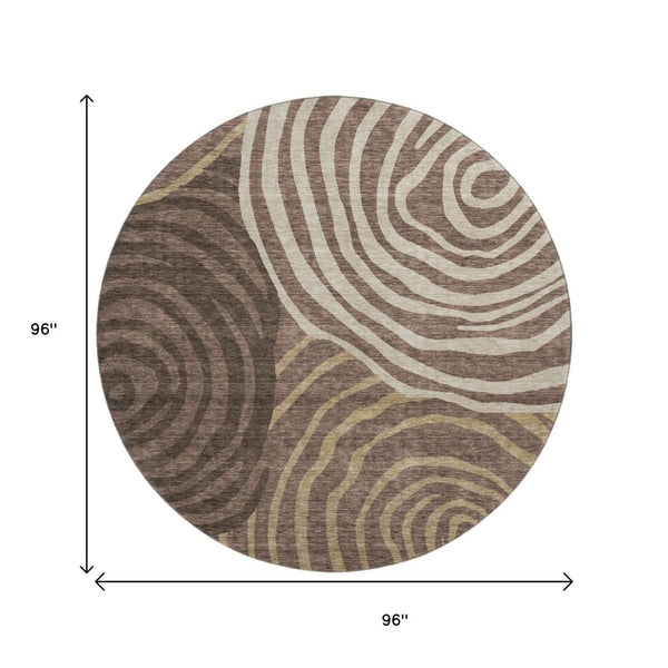 HomeRoots 8' Contemporary Brown Taupe & Ivory Abstract Washable Round Rug with UV Protection & Durability 664185
