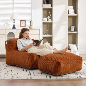English Elm Big Corduroy Lounger Bean Bag with Ottoman Memory Foam Fill for Living Room Orange W395P435350
