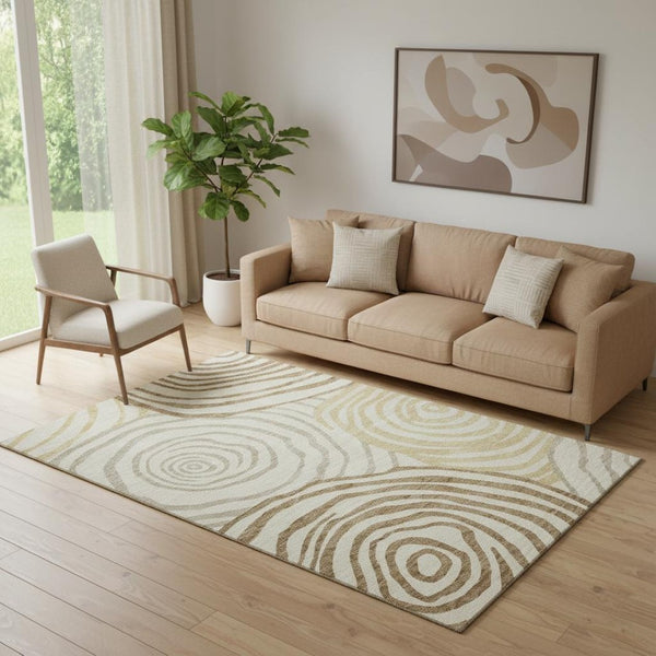 HomeRoots 5' X 8' Modern Abstract Gold Ivory Brown Area Rug - Washable, Stain Resistant, UV Protected Comfort 664190