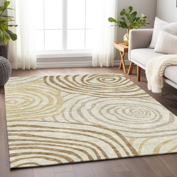 HomeRoots 8' X 10' Stylish Gold Ivory Brown Abstract Washable Area Rug with UV Protection & Easy Care Features 664192