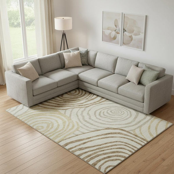 HomeRoots 9' X 12' Washable Gold Ivory Brown Abstract Area Rug with UV Protection for Modern Living Spaces 664193