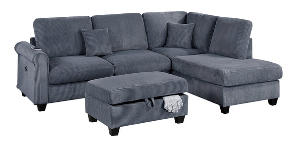 English Elm Contemporary 3pc Sectional Set with USB Charging, Corduroy Upholstery, Storage Ottoman & Pillows Dark Gray 76 L x 35 W x 17 H B011S01241