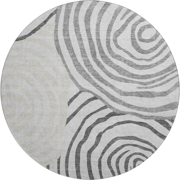 HomeRoots 8' Gray Silver and Beige Abstract Round Rug - Washable, UV-Protected, Soft for High Traffic Areas 664197