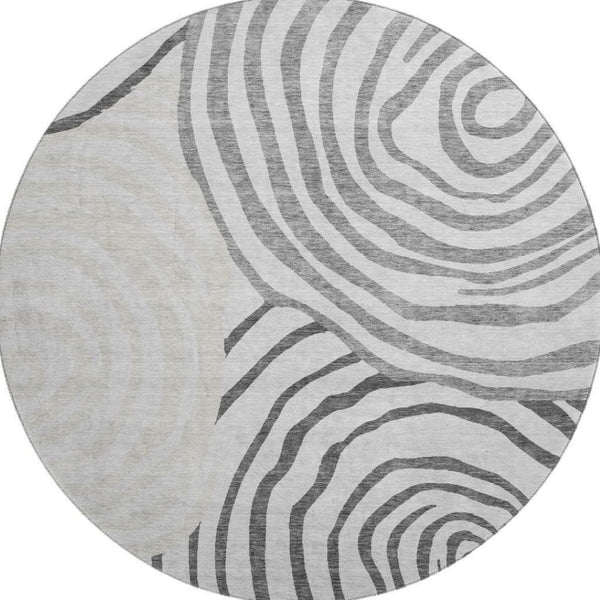 HomeRoots 8' Gray Silver and Beige Abstract Round Rug - Washable, UV-Protected, Soft for High Traffic Areas 664197