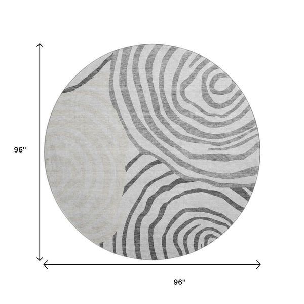 HomeRoots 8' Gray Silver and Beige Abstract Round Rug - Washable, UV-Protected, Soft for High Traffic Areas 664197