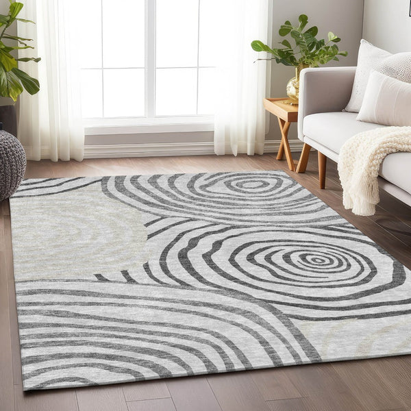 HomeRoots 9' X 12' Abstract Area Rug in Gray, Silver & Beige – Washable, UV Protected, Stain Resistant Design 664199