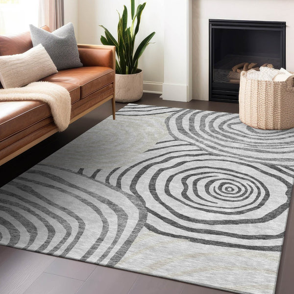 HomeRoots 9' X 12' Abstract Area Rug in Gray, Silver & Beige – Washable, UV Protected, Stain Resistant Design 664199