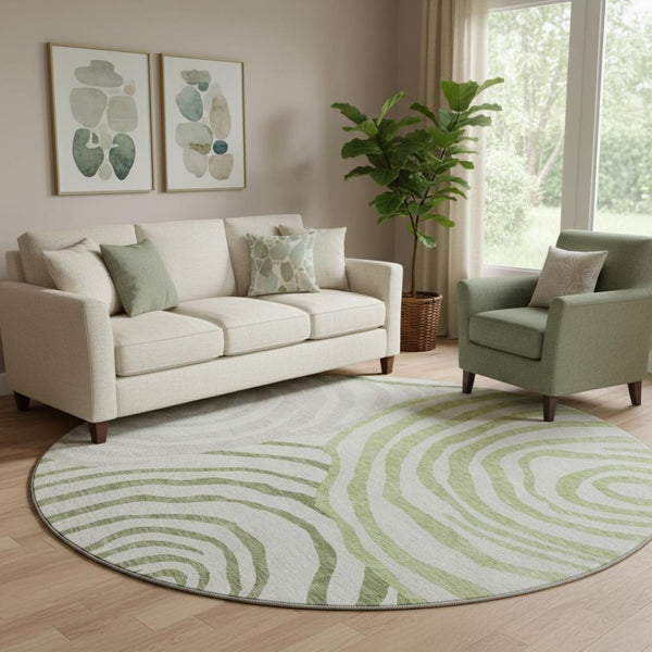 HomeRoots 8' Stylish Green, Gray & Ivory Abstract Round Rug – Washable, UV-Protected for Modern Spaces! 664203
