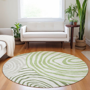 HomeRoots 8' Stylish Green, Gray & Ivory Abstract Round Rug – Washable, UV-Protected for Modern Spaces! 664203