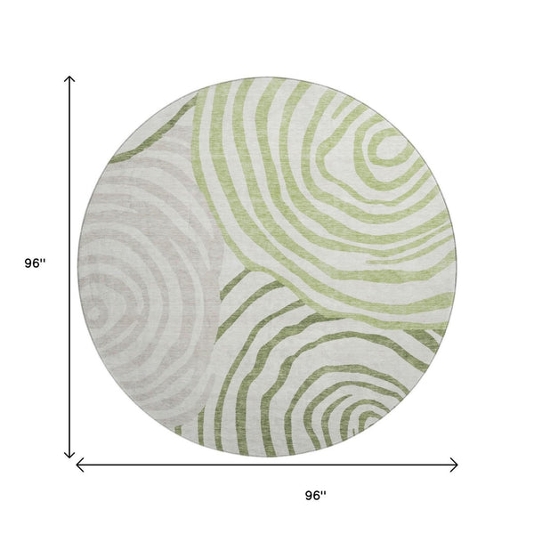 HomeRoots 8' Stylish Green, Gray & Ivory Abstract Round Rug – Washable, UV-Protected for Modern Spaces! 664203