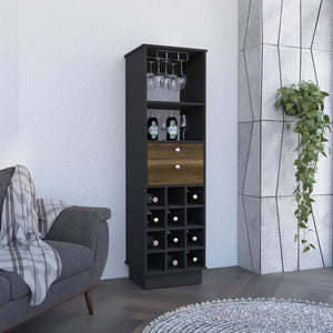 English Elm Classic Bar Cabinet with 12-Bottle Wine Rack, Two Drawers & Shelf, Black/Walnut Modern Storage B200S00100