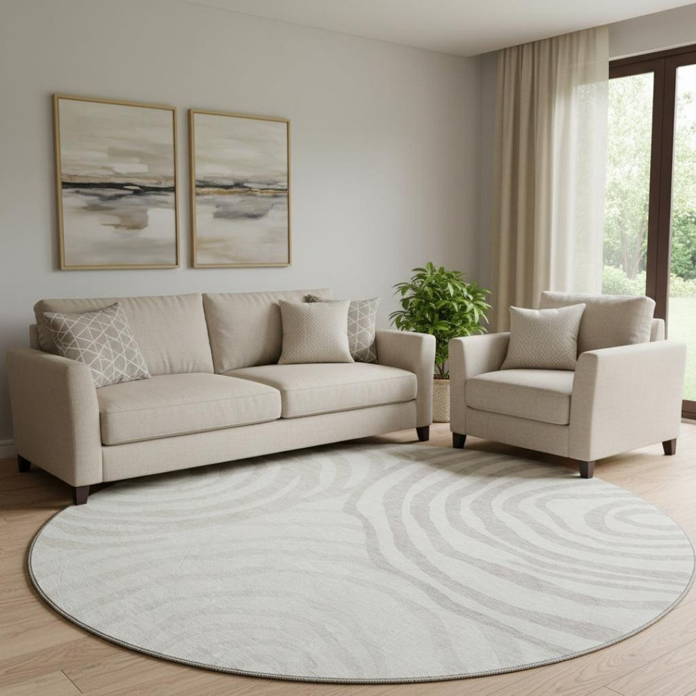 HomeRoots 8' Washable Ivory Beige Khaki Abstract Round Rug with UV Protection for Modern Homes & Families 664209