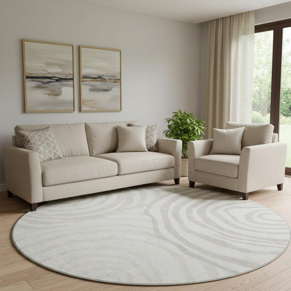 HomeRoots 8' Washable Ivory Beige Khaki Abstract Round Rug with UV Protection for Modern Homes & Families 664209
