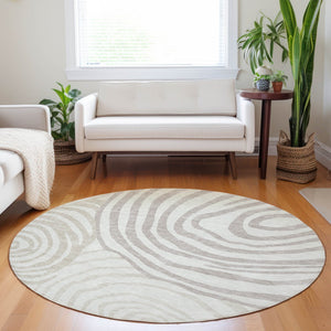 HomeRoots 8' Washable Ivory Beige Khaki Abstract Round Rug with UV Protection for Modern Homes & Families 664209