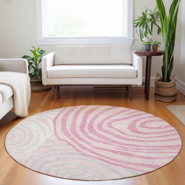 HomeRoots 8' Modern Abstract Washable Round Rug in Pink, Gray & Ivory - Durable, UV Protected & Stylish! 664215