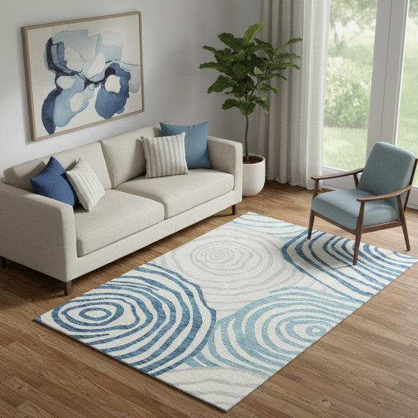 HomeRoots 5' X 8' Teal Silver and Gray Abstract Area Rug - Washable, UV-Protected, Stylish & Durable Design 664226