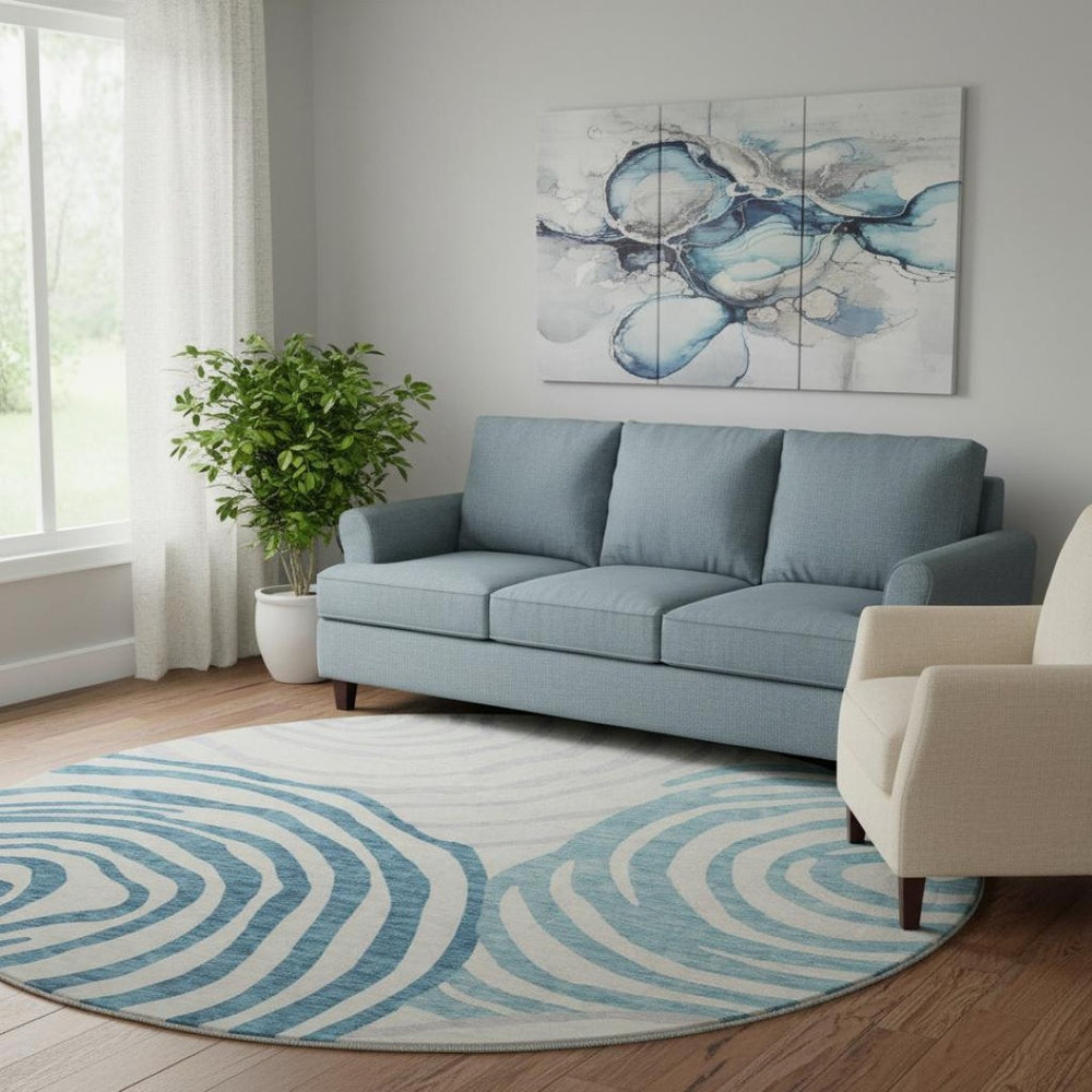 HomeRoots 8' Teal Silver and Gray Abstract Washable Round Rug – UV Protected, Durable & Stylish Home Accent 664227