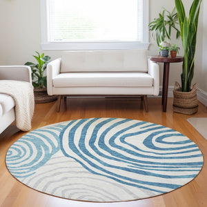 HomeRoots 8' Teal Silver and Gray Abstract Washable Round Rug – UV Protected, Durable & Stylish Home Accent 664227