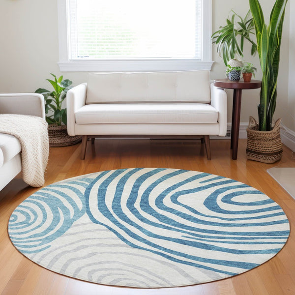 HomeRoots 8' Teal Silver and Gray Abstract Washable Round Rug – UV Protected, Durable & Stylish Home Accent 664227