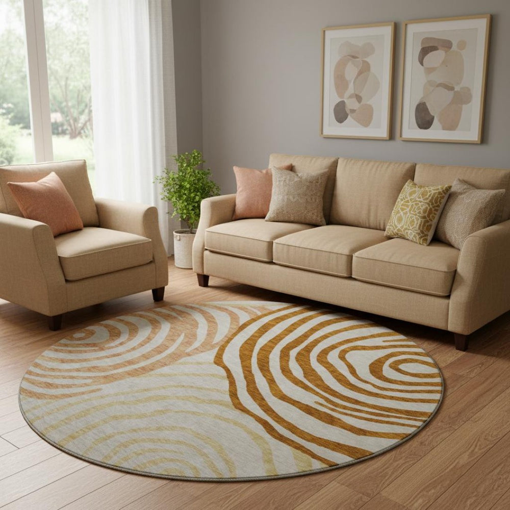 HomeRoots 8' Terra Cotta Beige Gold Abstract Round Rug – Washable, UV-Protected, Stain-Resistant Beauty! 664233