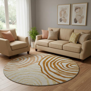 HomeRoots 8' Terra Cotta Beige Gold Abstract Round Rug – Washable, UV-Protected, Stain-Resistant Beauty! 664233