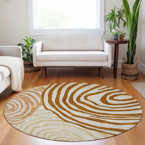 HomeRoots 8' Terra Cotta Beige Gold Abstract Round Rug – Washable, UV-Protected, Stain-Resistant Beauty! 664233