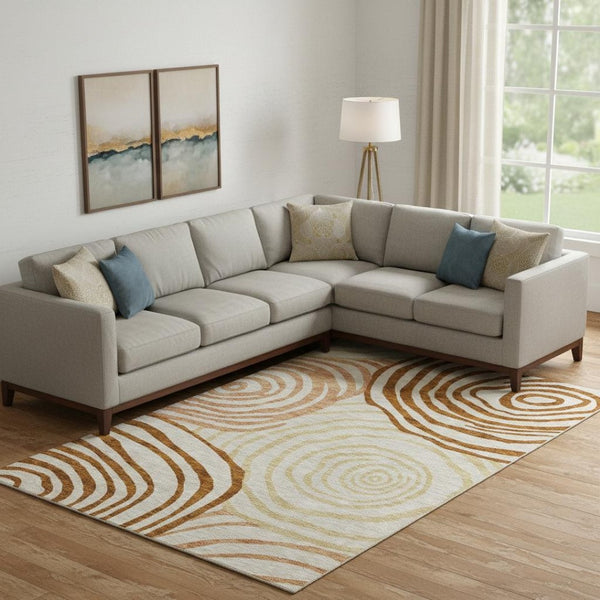 HomeRoots 8' X 10' Terra Cotta Beige & Gold Abstract Area Rug - Washable, UV-Protected, Pet-Friendly Decor 664234