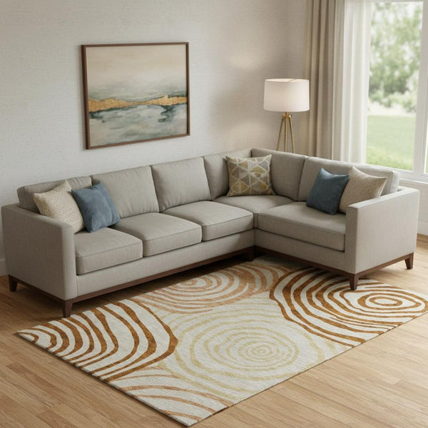 HomeRoots 10' Abstract Terra Cotta Beige & Gold Washable Area Rug - UV Protected, Stain-Resistant, Durable Design 664236