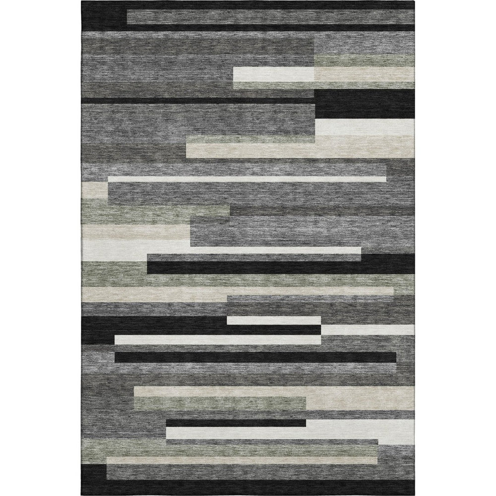 HomeRoots 5' X 8' Striped Area Rug in Black, Gray, Ivory – Washable, UV-Protected for Modern Homes & Families 664244