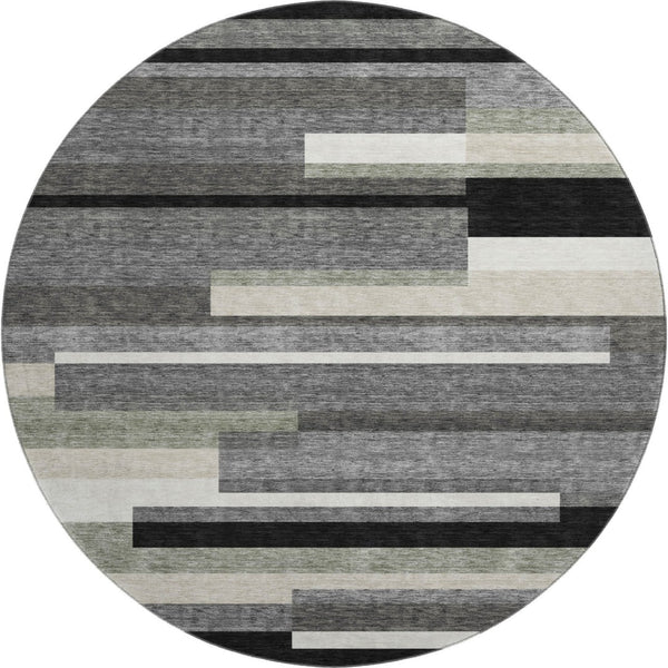HomeRoots 8' Black Gray and Ivory Striped Washable Round Rug - Durable, UV-Protected, Ideal for Kids & Pets 664245