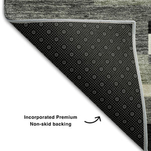 HomeRoots 8' Black Gray and Ivory Striped Washable Round Rug - Durable, UV-Protected, Ideal for Kids & Pets 664245