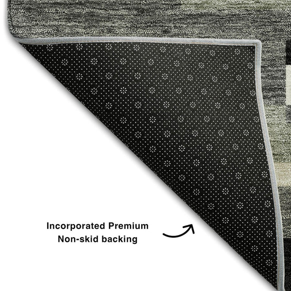 HomeRoots 8' Black Gray and Ivory Striped Washable Round Rug - Durable, UV-Protected, Ideal for Kids & Pets 664245