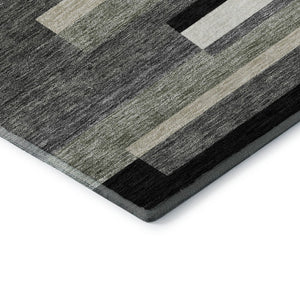 HomeRoots 8' Black Gray and Ivory Striped Washable Round Rug - Durable, UV-Protected, Ideal for Kids & Pets 664245