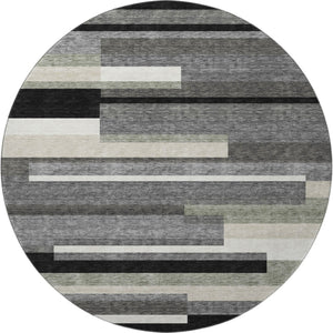 HomeRoots 8' Black Gray and Ivory Striped Washable Round Rug - Durable, UV-Protected, Ideal for Kids & Pets 664245