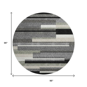 HomeRoots 8' Black Gray and Ivory Striped Washable Round Rug - Durable, UV-Protected, Ideal for Kids & Pets 664245
