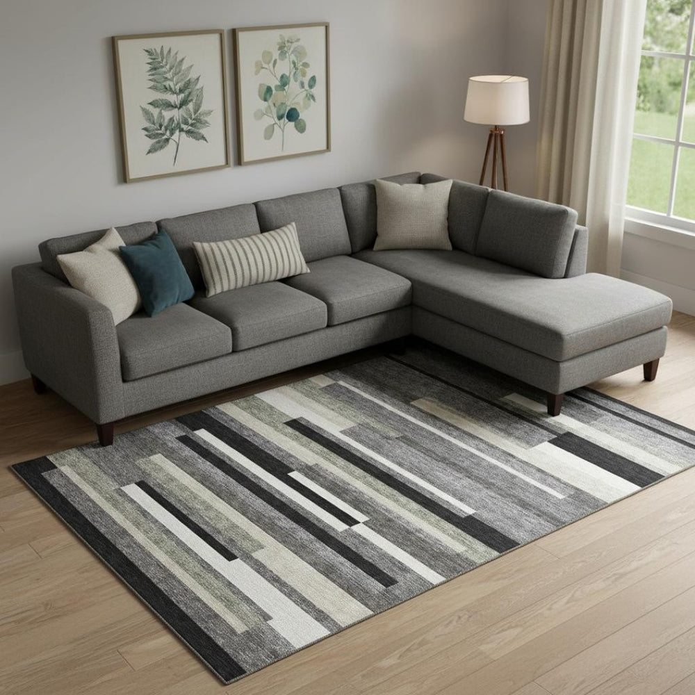 HomeRoots 8' X 10' Striped Area Rug in Black, Gray & Ivory - Durable, Washable, UV-Protected for Family Spaces 664246