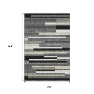 HomeRoots 9' X 12' Modern Black Gray Ivory Striped Washable Area Rug with UV Protection & Easy Care Features 664247