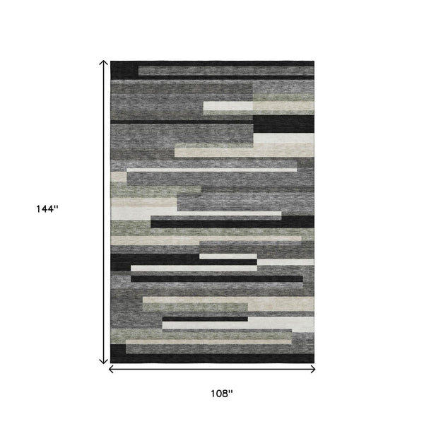 HomeRoots 9' X 12' Modern Black Gray Ivory Striped Washable Area Rug with UV Protection & Easy Care Features 664247