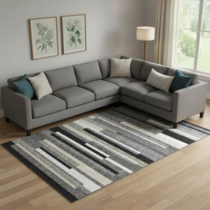 HomeRoots 9' X 12' Modern Black Gray Ivory Striped Washable Area Rug with UV Protection & Easy Care Features 664247
