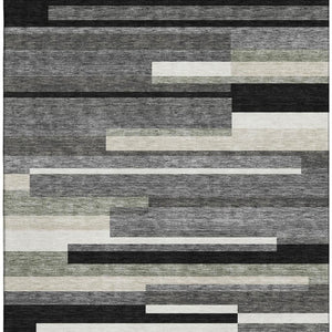 HomeRoots 9' X 12' Modern Black Gray Ivory Striped Washable Area Rug with UV Protection & Easy Care Features 664247