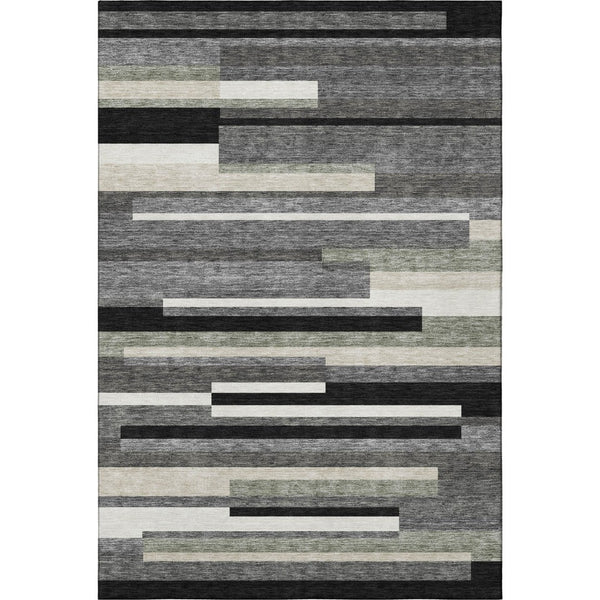 HomeRoots 9' X 12' Modern Black Gray Ivory Striped Washable Area Rug with UV Protection & Easy Care Features 664247