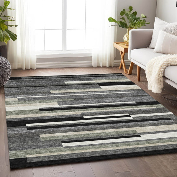 HomeRoots 10' Stylish Black, Gray, and Ivory Striped Washable Area Rug - Durable, UV Protected, Easy Care! 664248