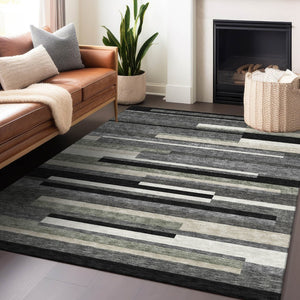 HomeRoots 10' Stylish Black, Gray, and Ivory Striped Washable Area Rug - Durable, UV Protected, Easy Care! 664248